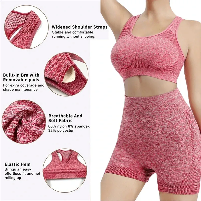 WC - Seamless Yoga Set: Gym shorts, sport bra, and leggings for women’s fitness and workouts