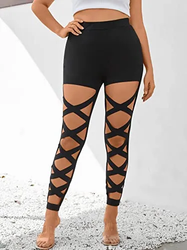WDIRARA Women's Plus Size Cut Out Skinny High Waisted Ripped Leggings Stretch Pants Black 0XL