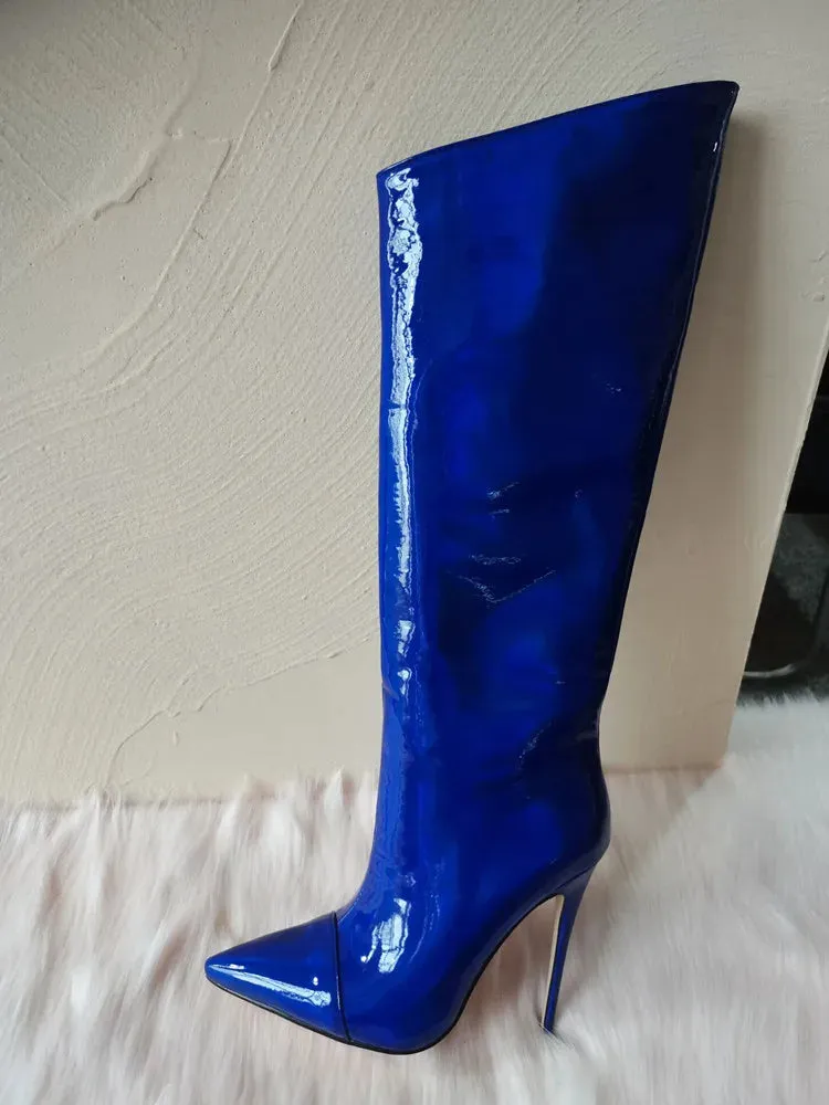 Wjczt Thigh High Boots Candy Color Mirror Leather Women Knee High Boots High Heels Stilettos Runway Shoes for Women High Heel Boots