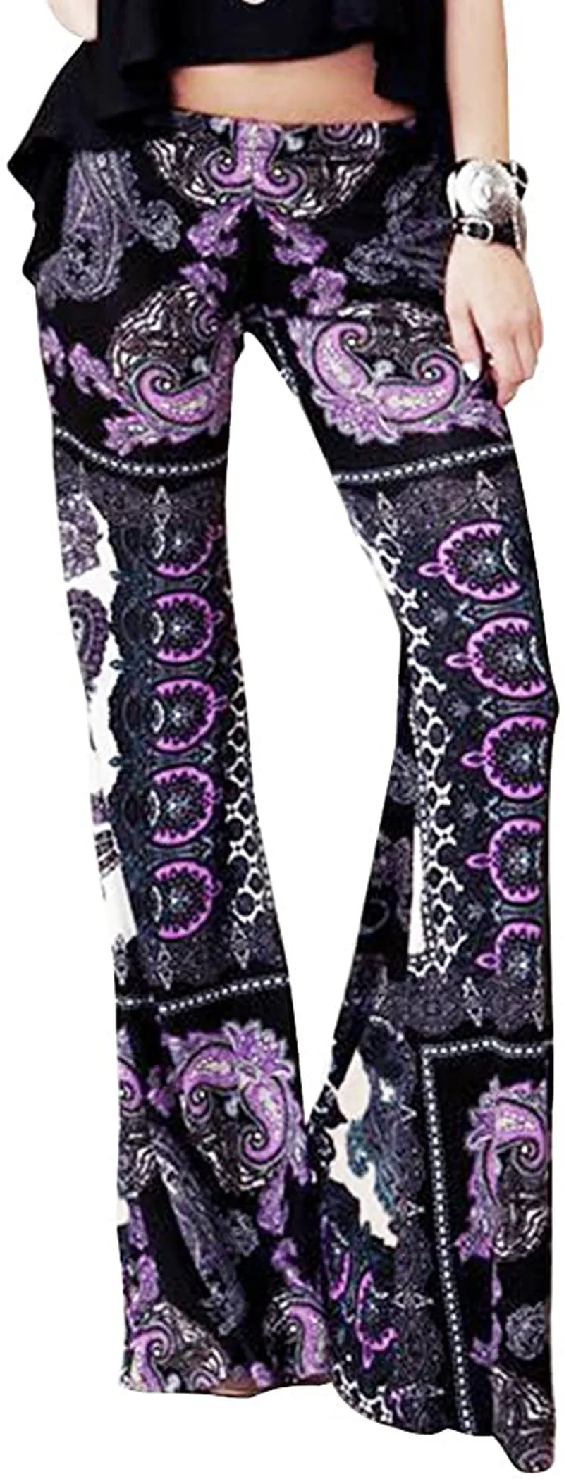 Women High Waist Stretchy Bell Bottom Leggings Retro Floral Flare Palazzo Pant Trousers