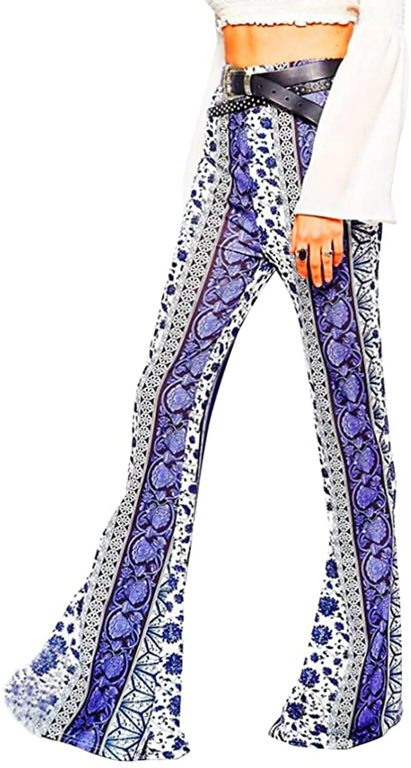 Women High Waist Stretchy Bell Bottom Leggings Retro Floral Flare Palazzo Pant Trousers