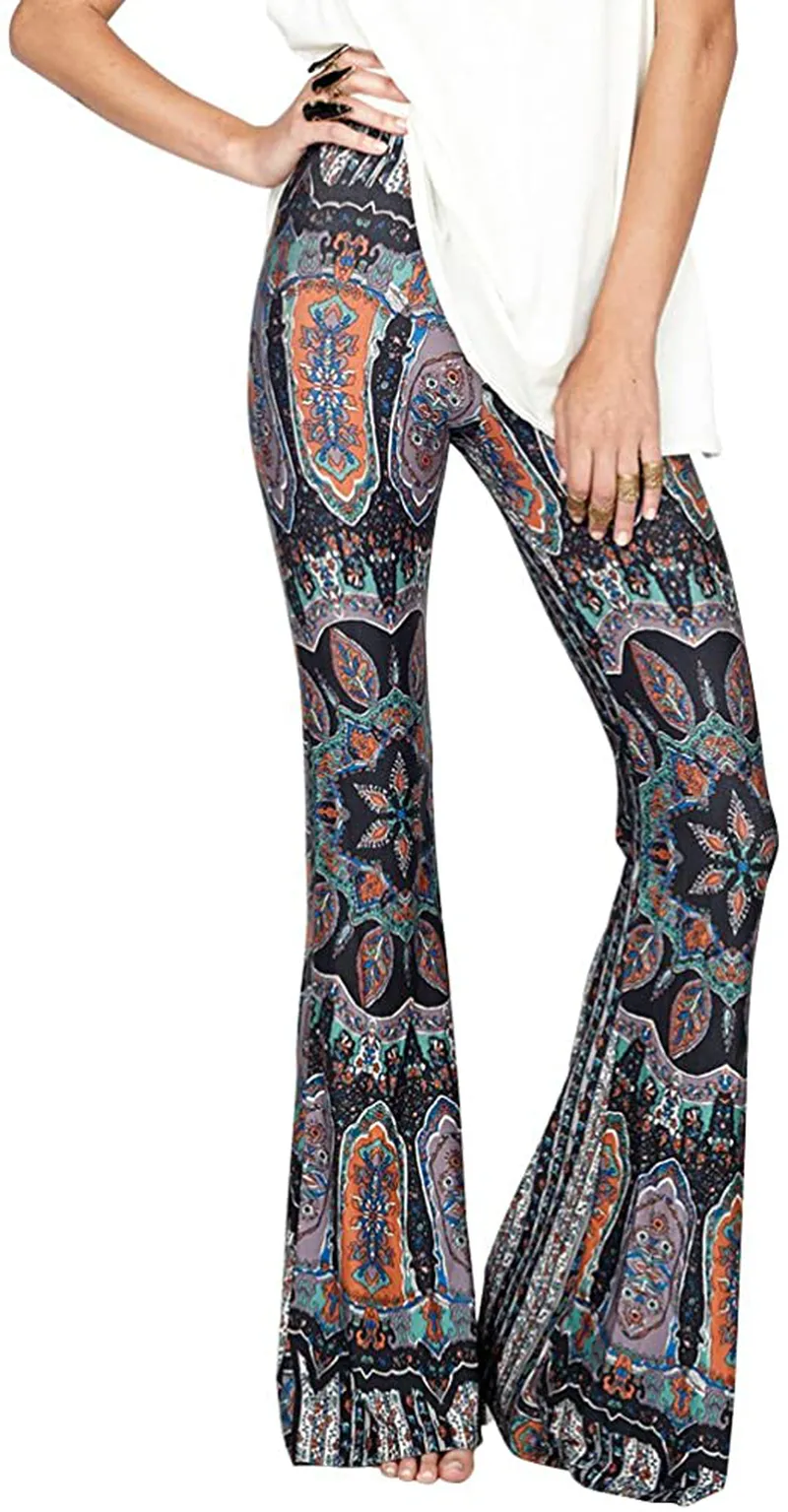 Women High Waist Stretchy Bell Bottom Leggings Retro Floral Flare Palazzo Pant Trousers