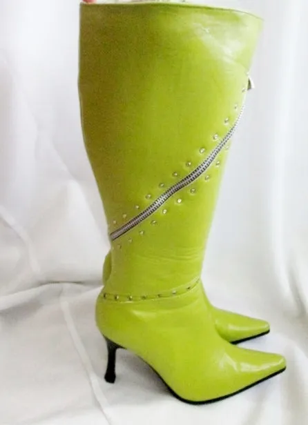 Womens FO'S SHOES ZIP Goth Stiletto High Heel Boots 6 Pointy Toe GREEN Fetish