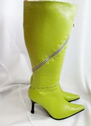 Womens FO'S SHOES ZIP Goth Stiletto High Heel Boots 6 Pointy Toe GREEN Fetish